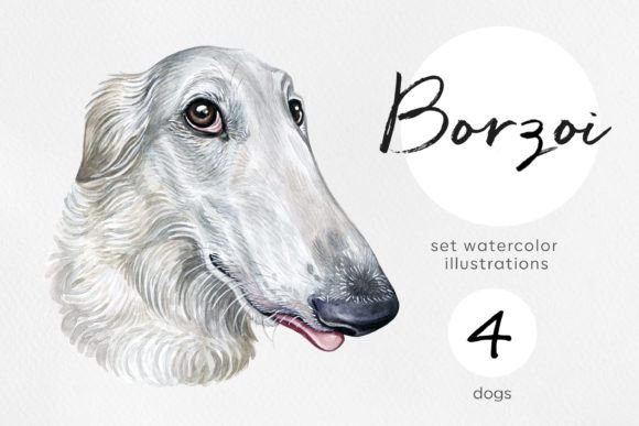 Borzoi Dogs. Watercolor Set 4 Dogs Breed